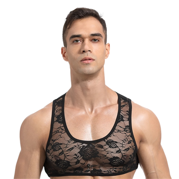 Erotic See Through Sleeveless Sissy Crop Top for Men / Men's Sexy Babydoll Lace Lingerie Clubwear - EVE's SECRETS